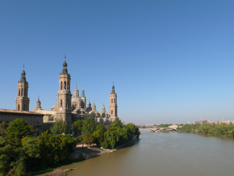 view of the Ebro river and El Pilar from Zaragozas Ponte de Piedra,