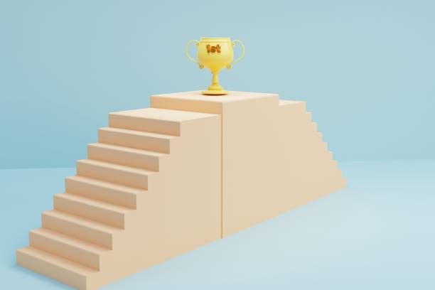 istock 3D Winner cup on top stair, Business success concept. 3d render illustration 1573125419