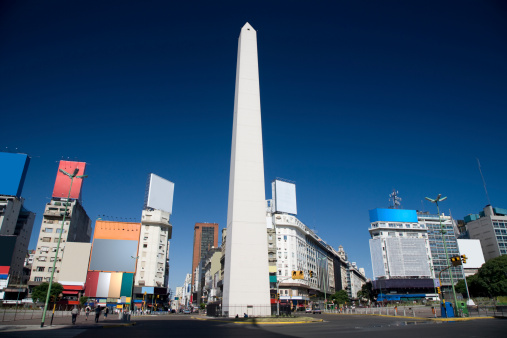Buenos Aires City Center with The Obelisk of Buenos Aires, Spanish: Obelisco de Buenos Aires. It is a modern monument placed at the heart of Buenos Aires, Argentina.