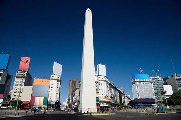 Buenos Aires City Center with The Obelisk of Buenos Aires, Spanish: Obelisco de Buenos Aires. It is a modern monument placed at the heart of Buenos Aires, Argentina.