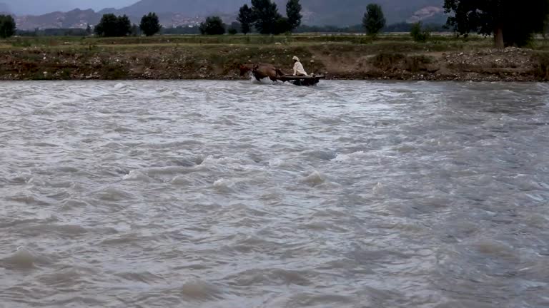 A horse cart crossing the river.