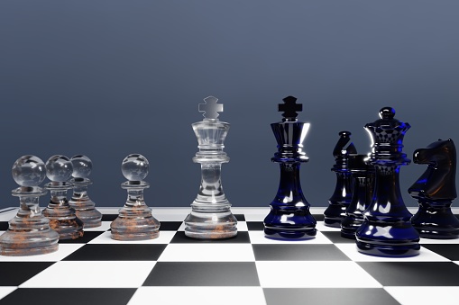 Leadership and growth concept, red pawn of chess, standing out from the crowd of black pawns, on black background with empty copy space on right side. 3D Rendering