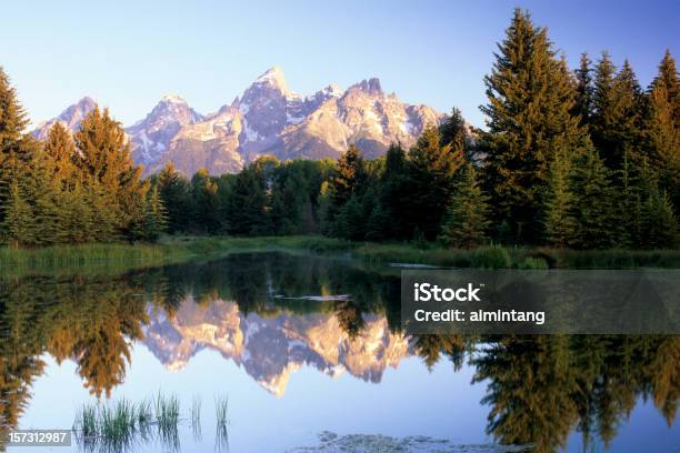 Teton Reflectin En Sunrise Foto de stock y más banco de imágenes de Agua - Agua, Aire libre, Cadena de montañas