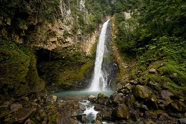 Waterfall hidden in the forest in Dominica, West Indies.