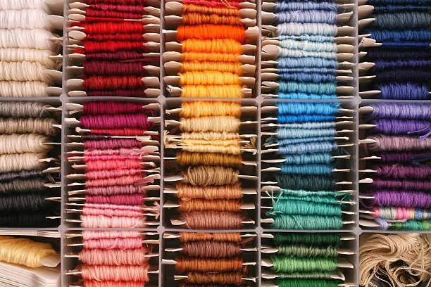 rainbow of embroidery thread stock photo