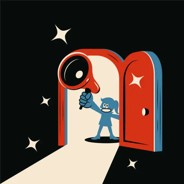 Vector illustration of A smiling woman opens the door and talks through a megaphone, and light shines into the dark room