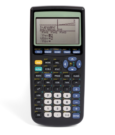 Graphing calculator with cast shadow with clipping path, isolated on white background.