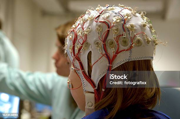 Girl Connected With Cables For Eeg For A Scientific Experiment Stock Photo - Download Image Now