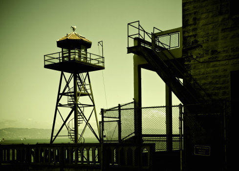 guard tower in the infamous island of alcatraz, san francisco - today a most see tourist spot.
