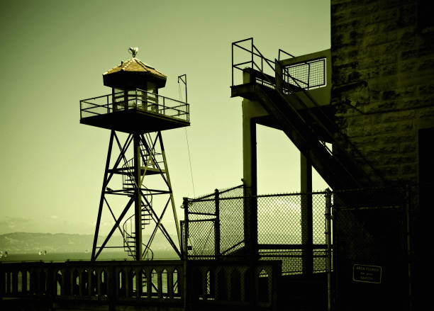 alcatraz tower guard tower in the infamous island of alcatraz, san francisco - today a most see tourist spot. prison escape stock pictures, royalty-free photos & images