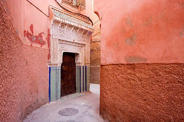 Beautiful Moor door at a narrow alley of Marrakesh�s Medina. Morocco.