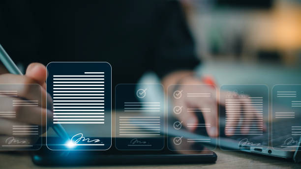 istock Online business contract Electronic signature, e-signing, digital document management, paperless office, signing business contract concept. 1573153850