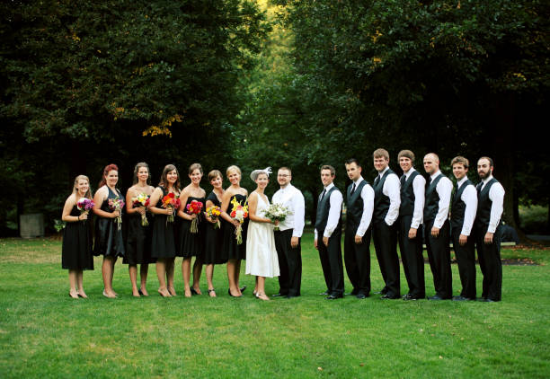 istock Full Wedding Party in Line at a Park 157315771