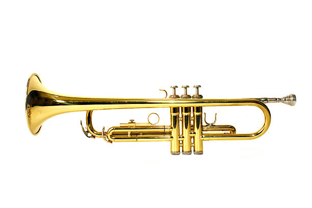 Golden trumpet from a side view Brass trumpet musical instrument isolated on a white background.  trumpet player isolated stock pictures, royalty-free photos & images