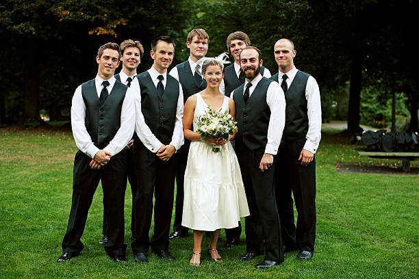 istock Groomsmen with a Beautiful Bride in Park 157315917