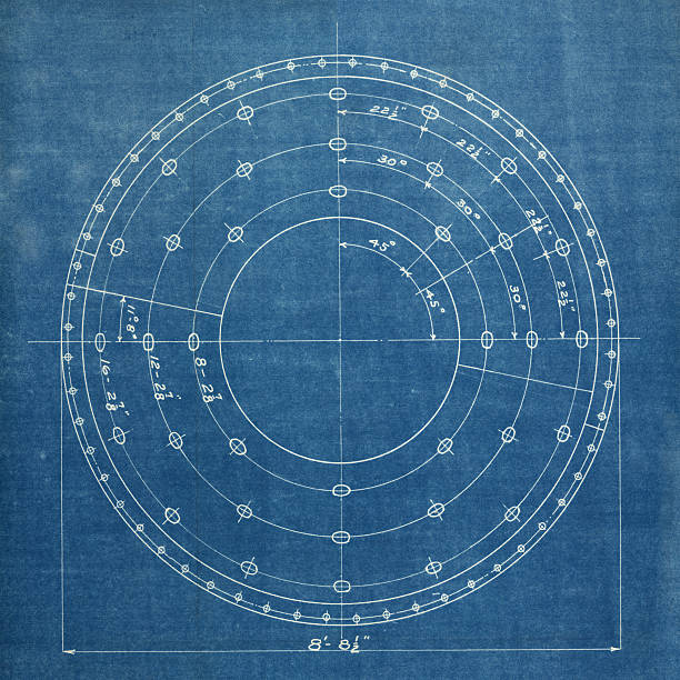 A white circular drawing on a blue background  vintage blueprint background of a circular equipment schematic.altered to make more generic. blueprint texture stock pictures, royalty-free photos & images