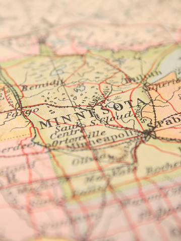 Closeup view of USA's state of Minnesota in more than sixty years old map