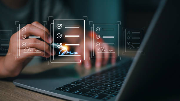 istock Online business contract Electronic signature, e-signing, digital document management, paperless office, signing business contract concept. 1573169562