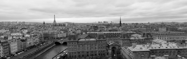 A bridge over the river Seine in Paris. Black and white panorama.