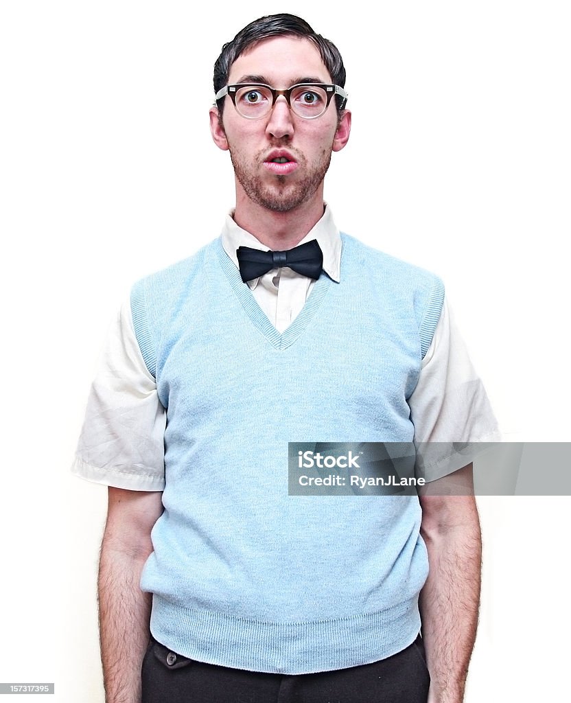 Nerd Young Man Isolated on White Lonely looking nerd guy isolated on a white background. Vertical with copy space. Nerd Stock Photo