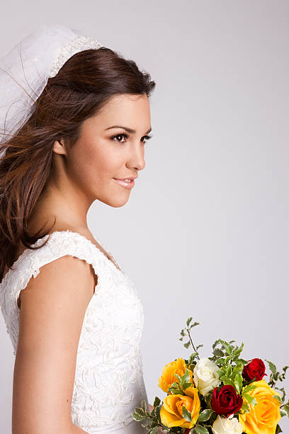 istock Beautiful Brunette Bride with Bouquet on White, Copy Space 157317634