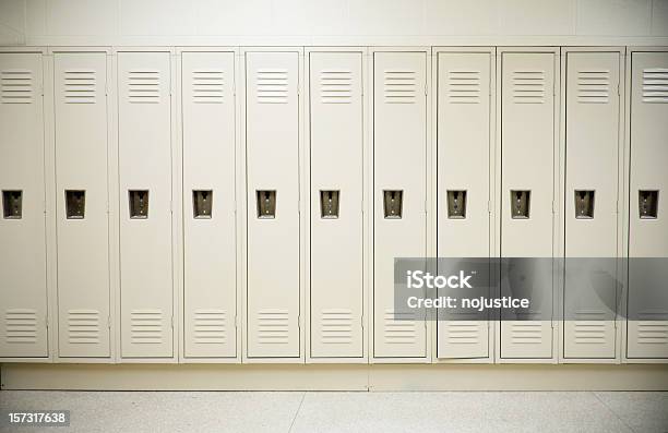 Row Of Tall White Lockers In A White Corridor Stock Photo - Download Image Now - Locker, School Building, Education