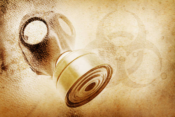Aged looking canvas with gas mask and biohazard symbol.