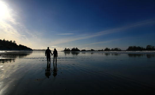 A couple walking on a beach. Location is near Tofino, British Columbia, Canada. Pacific Rim National Park. A young Caucasian couple holding hands and taking a stroll on a stunning beach near Uceulet. Romance and dating could be themes in the image. Couple is unrecognizable. 