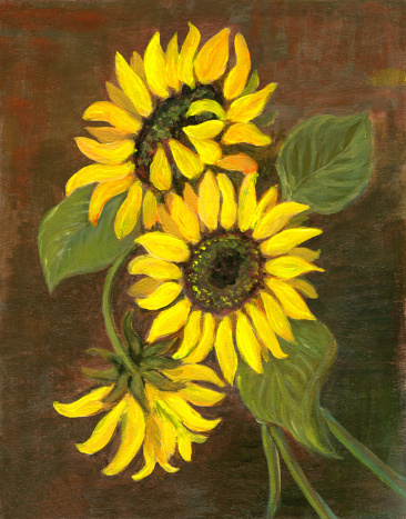 Oil painted sunflower vertical arrangement on greenish-brown textured background. Three flower heads with three leaves make a beautiful, decorative bouquet.