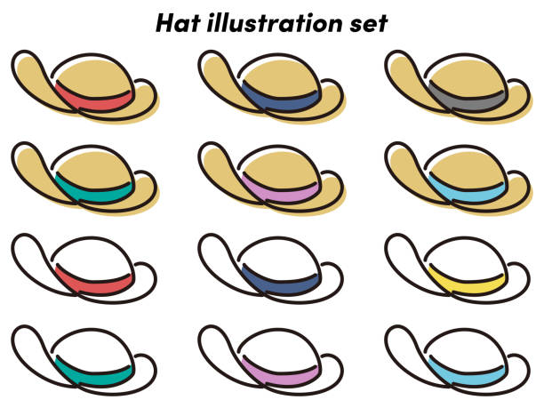 Sunshade hat illustration set Simple and fashionable line drawing illustration リボン stock illustrations