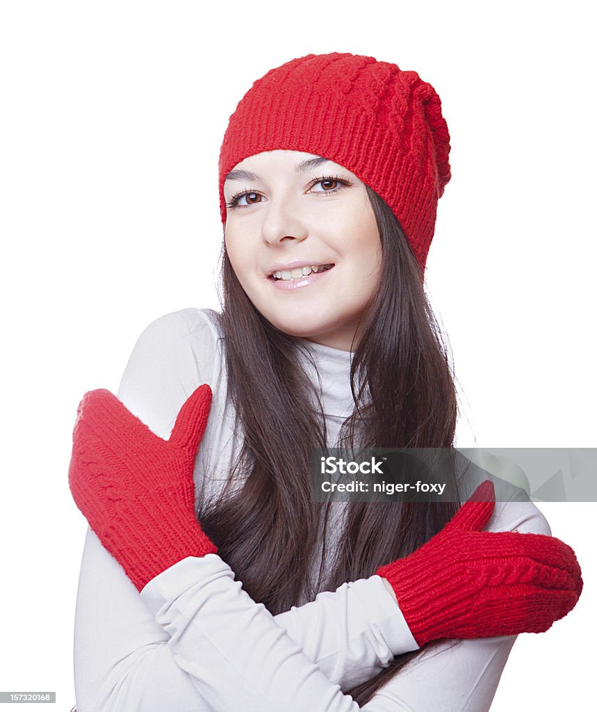 Mulher em vermelho cap Abraçar-se - Foto de stock de 18-19 Anos royalty-free