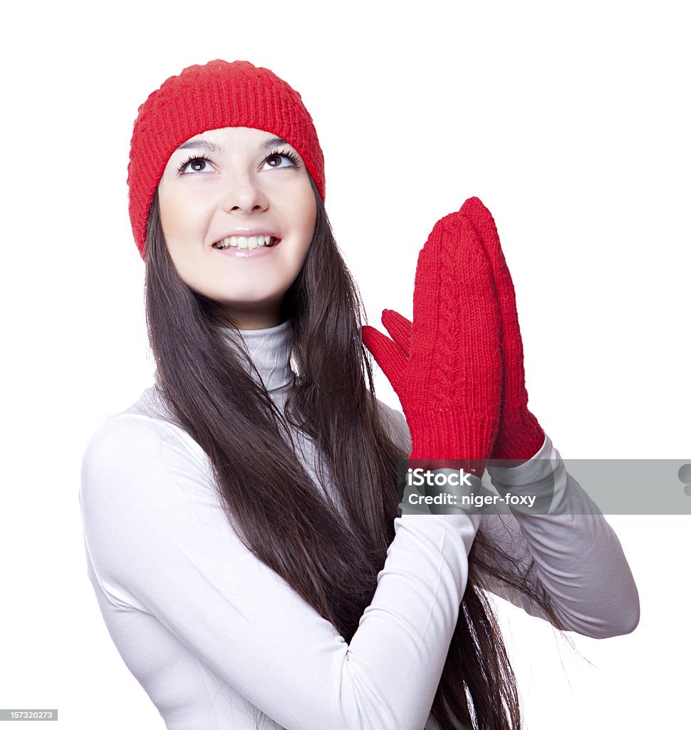 Mulher em vermelho chapéu e luvas rejoices - Foto de stock de 18-19 Anos royalty-free