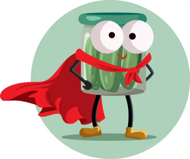 Vector illustration of Jar of Pickles Wearing Superhero Cape Vector Mascot Cartoon Illustration