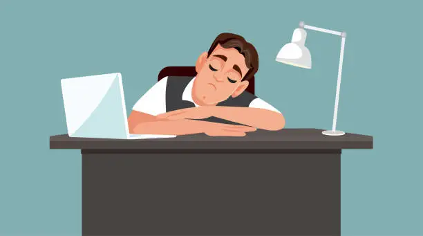 Vector illustration of Tired Man Sleeping at the Office Suffering from Burnout Vector Illustration