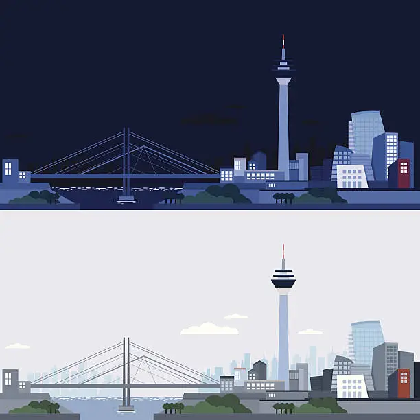 Vector illustration of Dusseldorf skyline night and day (vector)