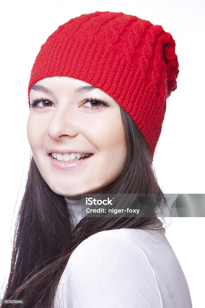 Cara de hermosa chica en tapa roja - Foto de stock de 18-19 años libre de derechos