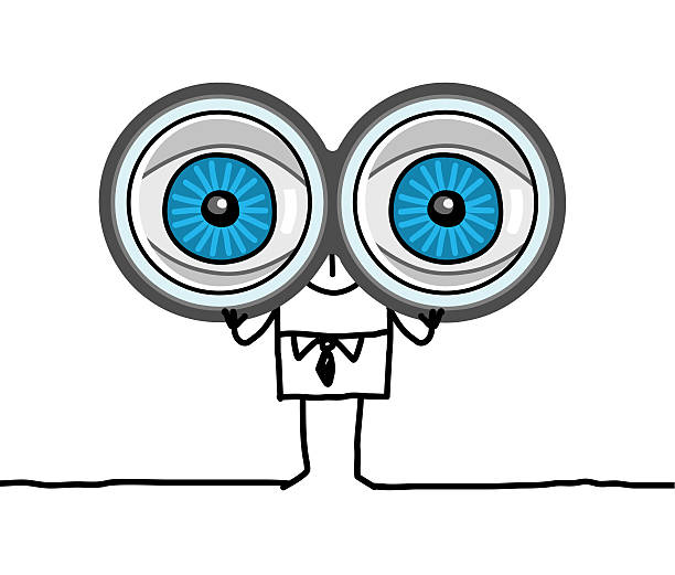 illustrazioni stock, clip art, cartoni animati e icone di tendenza di uomo con gli occhi grandi & binocolo - human eye cartoon looking blue eyes