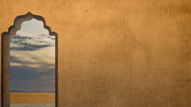 istock Mosque door arch with landscape view 1573254511