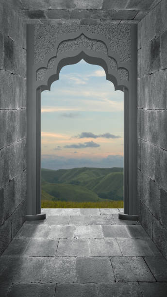 istock Mosque door arch with landscape view 1573256090