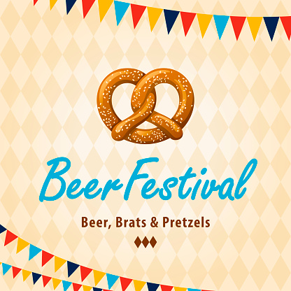 Beer Festival pretzels celebration party with pretzel and bunting on the checked pattern