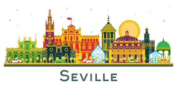 Vector illustration of Seville Spain City Skyline with Color Buildings Isolated on White.