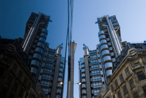 The postmodern stainless steel building of Lloyd's of London, in the City of London. 