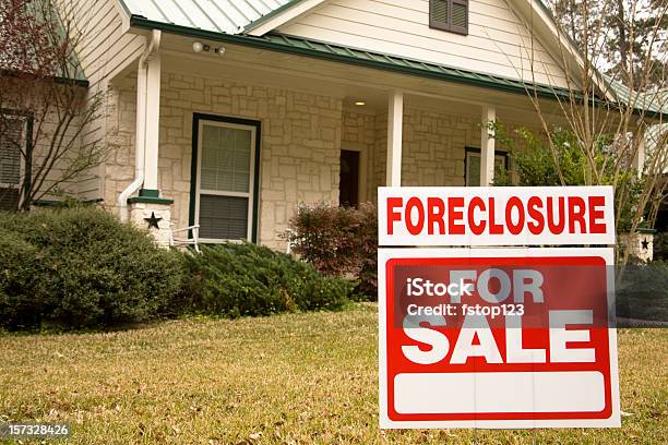 Foreclosure For Sale Sign In Front Of House Stock Photo - Download Image Now - Foreclosure, House, Real Estate