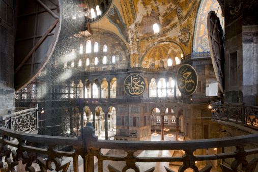 Fatih, Istanbul, Turkey - September 6, 2022: Hagia Sophia (Turkish: Ayasofya), officially the mosque, but a major cultural and historical site in Istanbul too - interior of Hagia Sophia