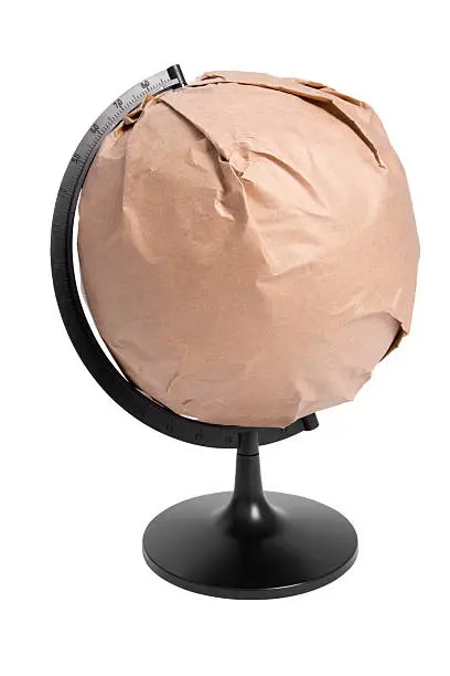 Globe wrapped in recycled paper