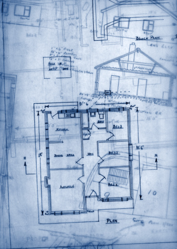 blueprint background of overlayed bungalow plans