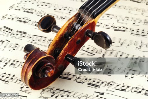 istock Close up of the top of a violin on a music sheet 157329395