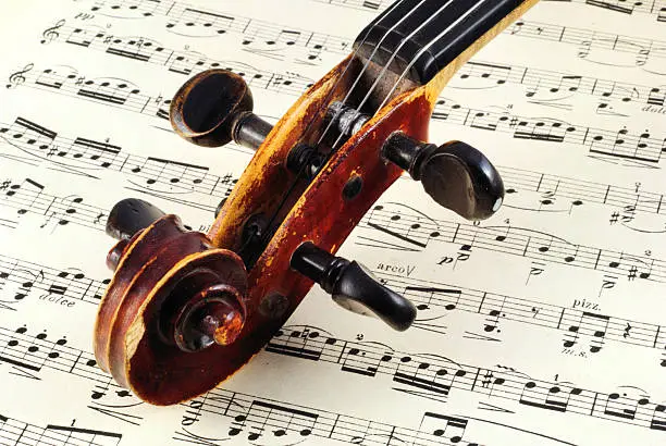 Photo of Close up of the top of a violin on a music sheet