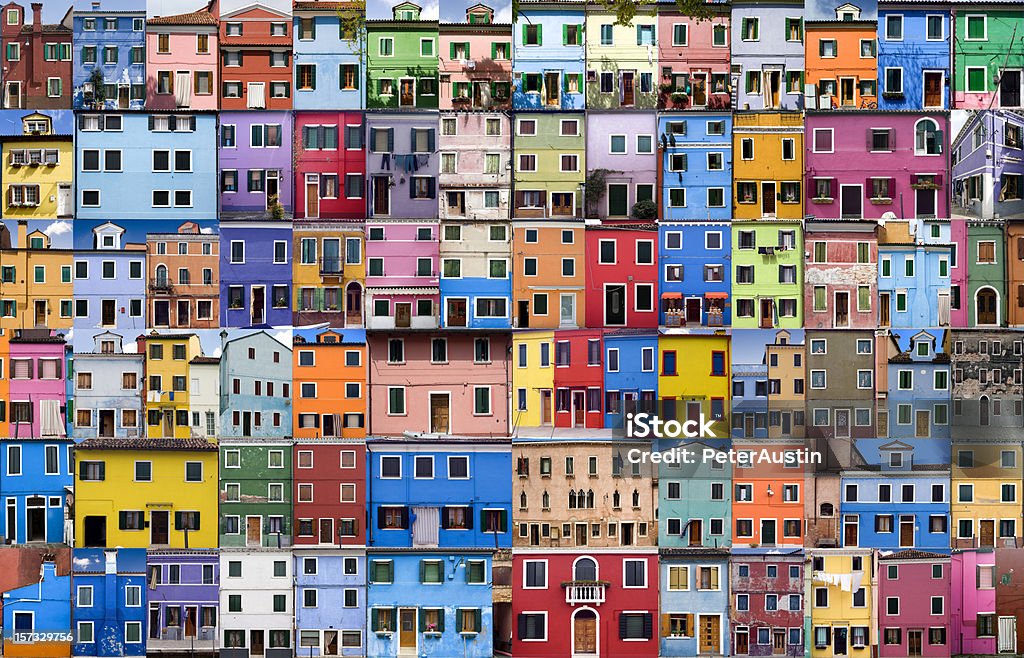 House and Home in Colour - XXXLarge Extra Extra Extra Large will print to up to three foot by two foot. This collage tells the story of an island in the Venetian Lagoon. The colour of the houses follow a specific system. When an owner wishes to paint their house they have to send a request to their government, who will respond by letting the owner know which specific colours are permitted for that area. This practice has resulted in the myriad of warm, pastel colours that characterizes the island today. Or is the legend the true reason for these colours, which has it that the houses were painted by fishermen to recognize them from far off distances during the long periods of absence whilst fishing. Multi Colored Stock Photo