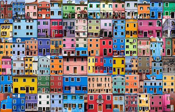 House and Home in Colour - XXXLarge Extra Extra Extra Large will print to up to three foot by two foot. This collage tells the story of an island in the Venetian Lagoon. The colour of the houses follow a specific system. When an owner wishes to paint their house they have to send a request to their government, who will respond by letting the owner know which specific colours are permitted for that area. This practice has resulted in the myriad of warm, pastel colours that characterizes the island today. Or is the legend the true reason for these colours, which has it that the houses were painted by fishermen to recognize them from far off distances during the long periods of absence whilst fishing. venice italy photos stock pictures, royalty-free photos & images
